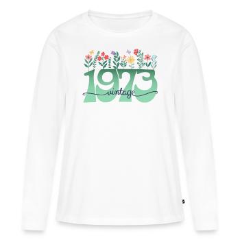 Motif Fleurs 1973 Fête Anniversaire Femme 50 Ans - T-shirt manches longues Premium bio Femme - blanc - Devant - Julia (174cm)