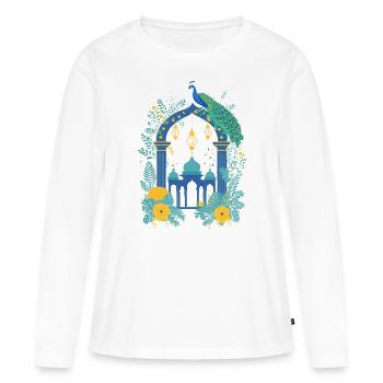 Illustration de temple avec des fleurs et un paon - T-shirt manches longues Premium bio Femme - blanc - Devant - Julia (174cm)