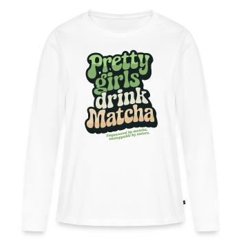 « Pretty Girls Drink Matcha », thé vert rétro - T-shirt manches longues Premium bio Femme - blanc - Devant - Julia (174cm)
