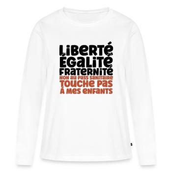 Liberté Egalite Fraternité non au passe Sanitaire - T-shirt manches longues Premium bio Femme - blanc - Devant - Julia (174cm)