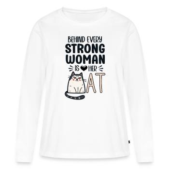 Derrière chaque femme forte se trouve son chat - T-shirt manches longues Premium bio Femme - blanc - Devant - Julia (174cm)