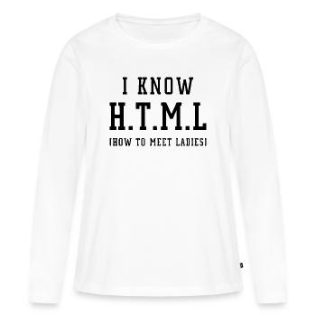 Je connais le HTML - T-shirt manches longues Premium bio Femme - blanc - Devant - Julia (174cm)