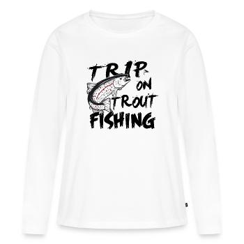 Pêche : Trip on trout fishing - T-shirt manches longues Premium bio Femme - blanc - Devant - Julia (174cm)