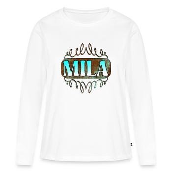 Anniversaire Mila - Fille - T-shirt manches longues Premium bio Femme - blanc - Devant - Julia (174cm)