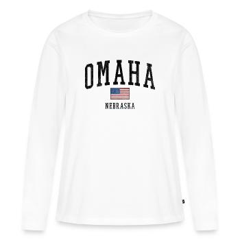 Motif Omaha, Nebraska USA avec drapeau - T-shirt manches longues Premium bio Femme - blanc - Devant - Julia (174cm)