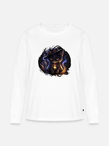 Mystische Hexenkatze mit Zauberhut - Frauen Premium Bio Langarmshirt - Weiß
