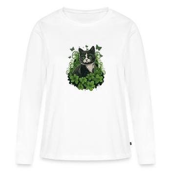 Schwarz-Weiße Katze mit Efeu und Schmetterlingen - Frauen Premium Bio Langarmshirt - Weiß - Vorne - Julia (174cm)