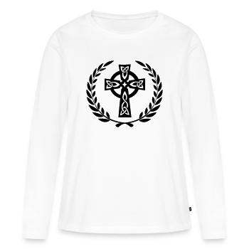 Croix celtique dans la couronne de laurier du milieu - T-shirt manches longues Premium bio Femme - blanc - Devant - Julia (174cm)