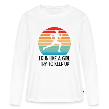 Marathon - Je cours comme une fille. Essayez de suivre. - T-shirt manches longues Premium bio Femme - blanc - Devant - Julia (174cm)