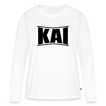 nom t-shirt Kai t-shirt idée cadeau - T-shirt manches longues Premium bio Femme - blanc - Devant - Julia (174cm)