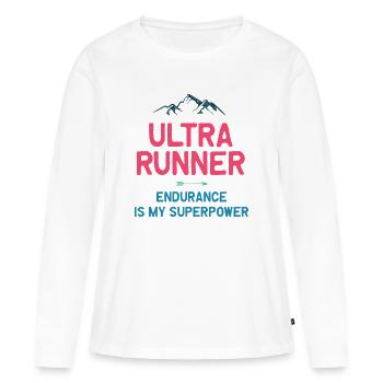 Ultra Runner - L’endurance est mon superpouvoir - T-shirt manches longues Premium bio Femme - blanc - Devant - Julia (174cm)
