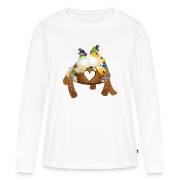 Motif de costume traditionnel amusant - Oiseaux avec chapeau de costumes traditionnels - T-shirt manches longues Premium bio Femme - blanc - Devant - Julia (174cm)