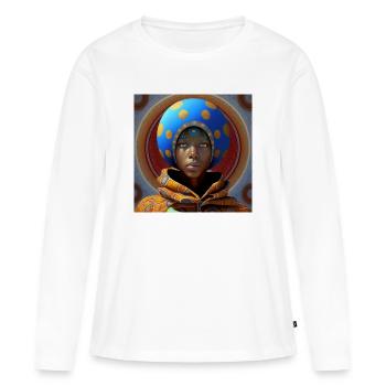 Portrait femme 02 - T-shirt manches longues Premium bio Femme - blanc - Devant - Julia (174cm)