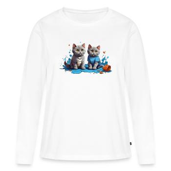 Amoureux des chats dans la flaque bleue - T-shirt manches longues Premium bio Femme - blanc - Devant - Julia (174cm)
