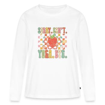 Pardon. Ne pas pouvoir. Yoga. Au revoir - T-shirt manches longues Premium bio Femme - blanc - Devant - Julia (174cm)