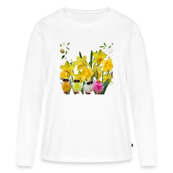 Poussins à lunettes et jonquilles  - T-shirt manches longues Premium bio Femme - blanc - Devant - Julia (174cm)