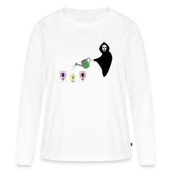 Faucheuse arrosant le jardin de Skull Flowers - T-shirt manches longues Premium bio Femme - blanc - Devant - Julia (174cm)