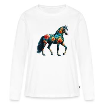 Cheval décoré de fleurs - T-shirt manches longues Premium bio Femme - blanc - Devant - Julia (174cm)