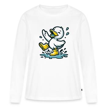 Splashy Quacker : le canard qui saute dans les flaques d’eau - T-shirt manches longues Premium bio Femme - blanc - Devant - Julia (174cm)