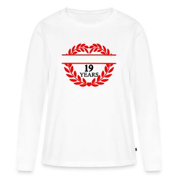 Bannière nominative dix-neuf ans, couronne de laurier en forme de cœur - T-shirt manches longues Premium bio Femme - blanc - Devant - Julia (174cm)