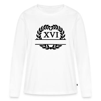 Seize ans, couronne de laurier en chiffres latins - T-shirt manches longues Premium bio Femme - blanc - Devant - Julia (174cm)