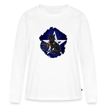 FuchsMotiv vor PentagramMuster und verwelkte Rose - Frauen Premium Bio Langarmshirt - Weiß - Vorne - Julia (174cm)