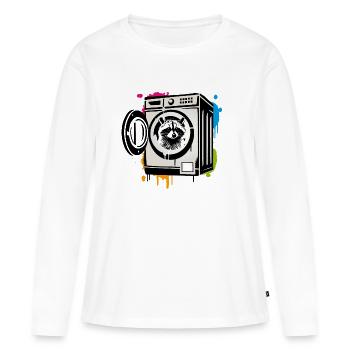 Raton laveur dans la machine à laver - Motif humoristique - T-shirt manches longues Premium bio Femme - blanc - Devant - Julia (174cm)