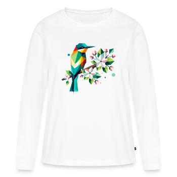 Guêpiers sur les pommiers en fleurs – Motif coloré - T-shirt manches longues Premium bio Femme - blanc - Devant - Julia (174cm)