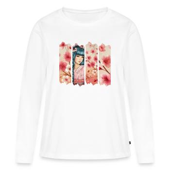 Kirschblüten Kimono Panel Portrait - Frauen Premium Bio Langarmshirt - Weiß - Vorne - Julia (174cm)