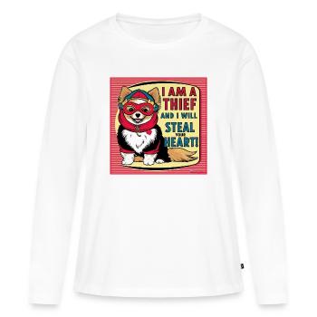 Chien de Poméranie « Je suis un voleur » - T-shirt manches longues Premium bio Femme - blanc - Devant - Julia (174cm)