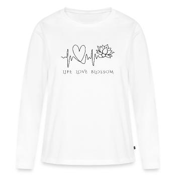 Lotosblume |Herzschlag & Lotus – Life Love Blossom - Frauen Premium Bio Langarmshirt - Weiß - Vorne - Julia (174cm)