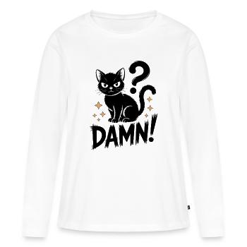 Chat noir mystique avec point d'interrogation - T-shirt manches longues Premium bio Femme - blanc - Devant - Julia (174cm)