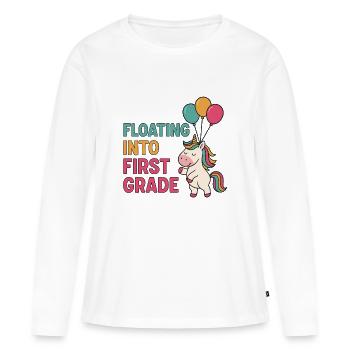Licorne avec des ballons et premier jour d’école - T-shirt manches longues Premium bio Femme - blanc - Devant - Julia (174cm)
