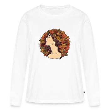 Femme d’automne avec des feuilles dans les cheveux – Art Nouveau Desi - T-shirt manches longues Premium bio Femme - blanc - Devant - Julia (174cm)