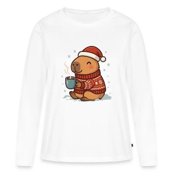 ✨ Capybara douillet avec cacao et chapeau de Père Noël - T-shirt manches longues Premium bio Femme - blanc - Devant - Julia (174cm)