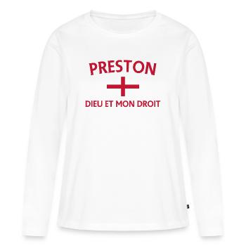 Écusson Preston Angleterre avec devise - T-shirt manches longues Premium bio Femme - blanc - Devant - Julia (174cm)