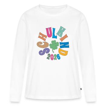 Écolier 2026 Trèfle - T-shirt manches longues Premium bio Femme - blanc - Devant - Julia (174cm)