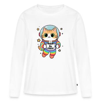 Chat astronaute Arc en ciel sans stress - T-shirt manches longues Premium bio Femme - blanc - Devant - Julia (174cm)
