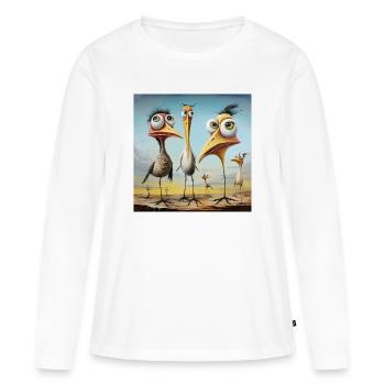 Potins de la côte : Troupe d’oiseaux bizarres - T-shirt manches longues Premium bio Femme - blanc - Devant - Julia (174cm)