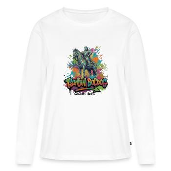Gengis Khan – Cavalier du vent de la steppe sans fin - T-shirt manches longues Premium bio Femme - blanc - Devant - Julia (174cm)