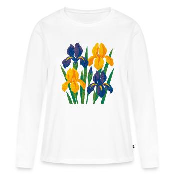 Harmonie d’iris : Fleurs dorées et indigo - T-shirt manches longues Premium bio Femme - blanc - Devant - Julia (174cm)