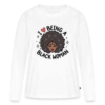 J’adore être une femme noire Pride Design - T-shirt manches longues Premium bio Femme - blanc - Devant - Julia (174cm)