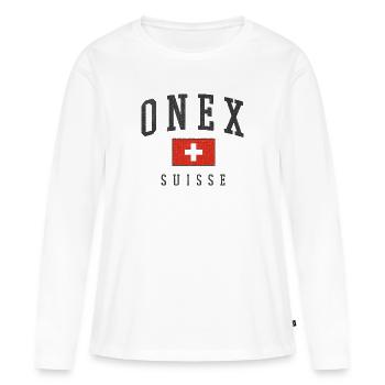 Onex – Schweizer Identität aus dem Kanton Genf - Frauen Premium Bio Langarmshirt - Weiß - Vorne - Julia (174cm)