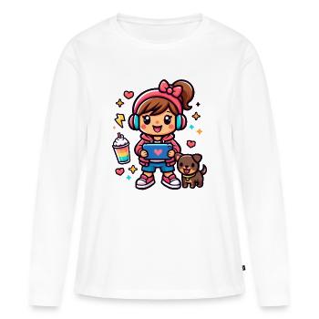 Fille Gamer Esthétique avec une tablette de surf et un chiot - T-shirt manches longues Premium bio Femme - blanc - Devant - Julia (174cm)
