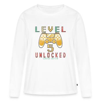 5e anniversaire. 5 Niveau suivant débloqué - T-shirt manches longues Premium bio Femme - blanc - Devant - Julia (174cm)