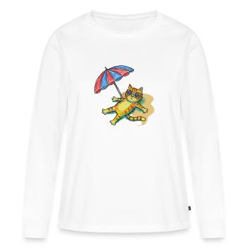 Chat de plage coloré avec parasol - T-shirt manches longues Premium bio Femme - blanc - Devant - Julia (174cm)