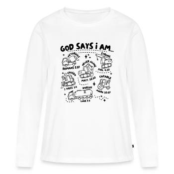 Dieu dit que je suis – Identité en Christ - T-shirt manches longues Premium bio Femme - blanc - Devant - Julia (174cm)