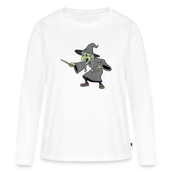 Sorcière à la baguette en brindille en bois - T-shirt manches longues Premium bio Femme - blanc - Devant - Julia (174cm)