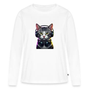 KatzenDJ Neon Kopfhörer Music lover cat - Frauen Premium Bio Langarmshirt - Weiß - Vorne - Julia (174cm)