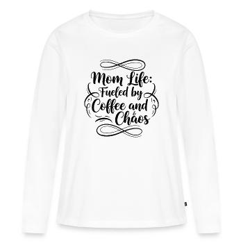 La vie de mère : portée par le café et le chaos - T-shirt manches longues Premium bio Femme - blanc - Devant - Julia (174cm)